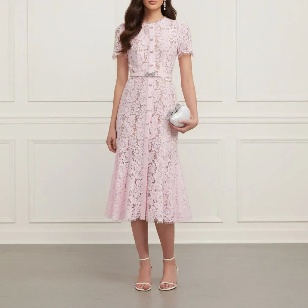Pink Lace Belted Midi