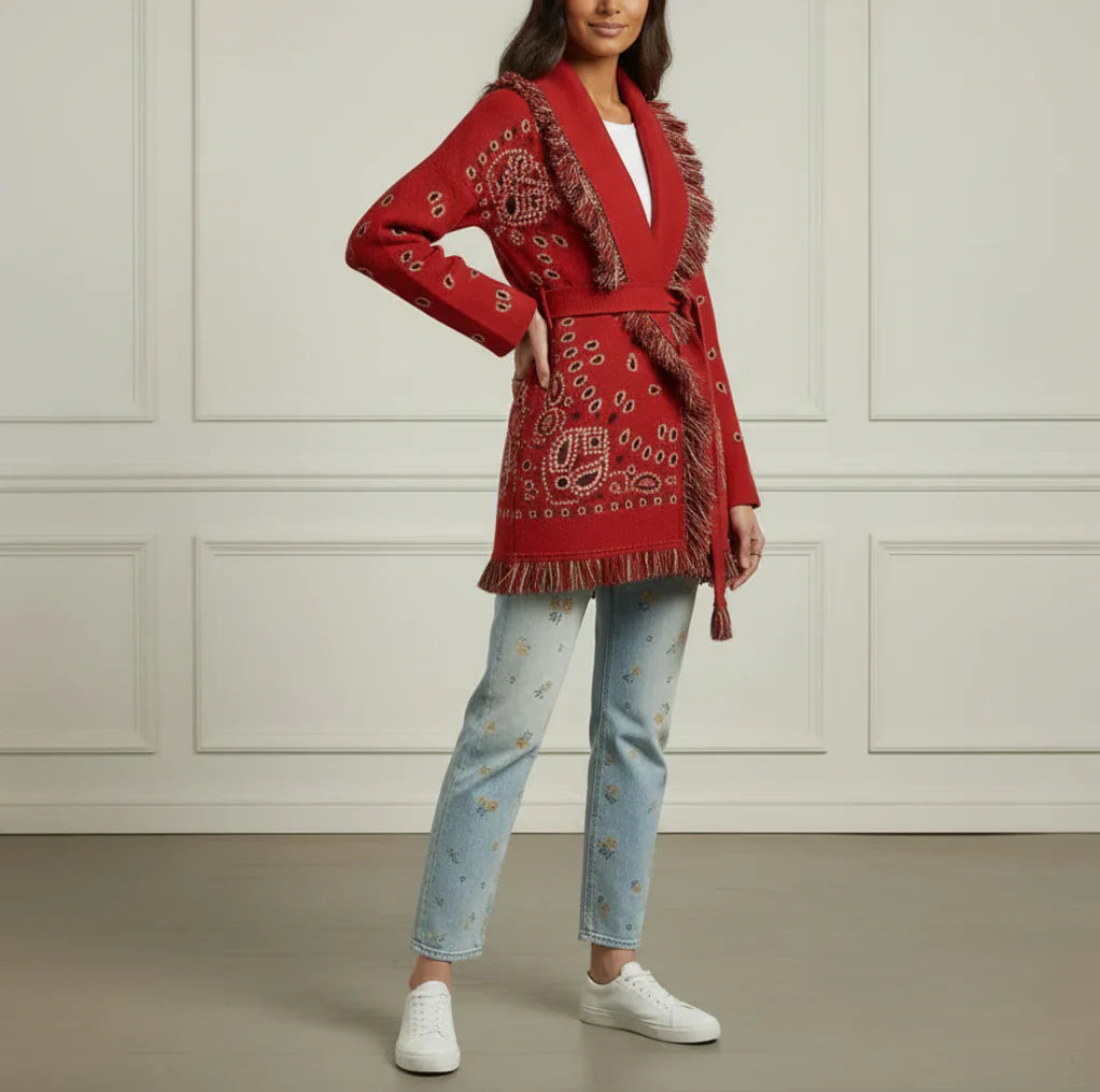 Red Print Bandana Wool Cardigan