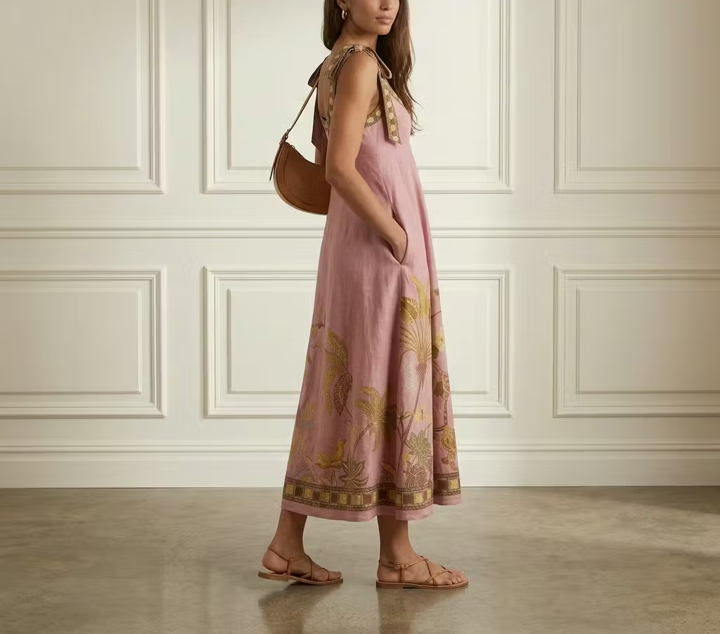 Pink floral linen midi