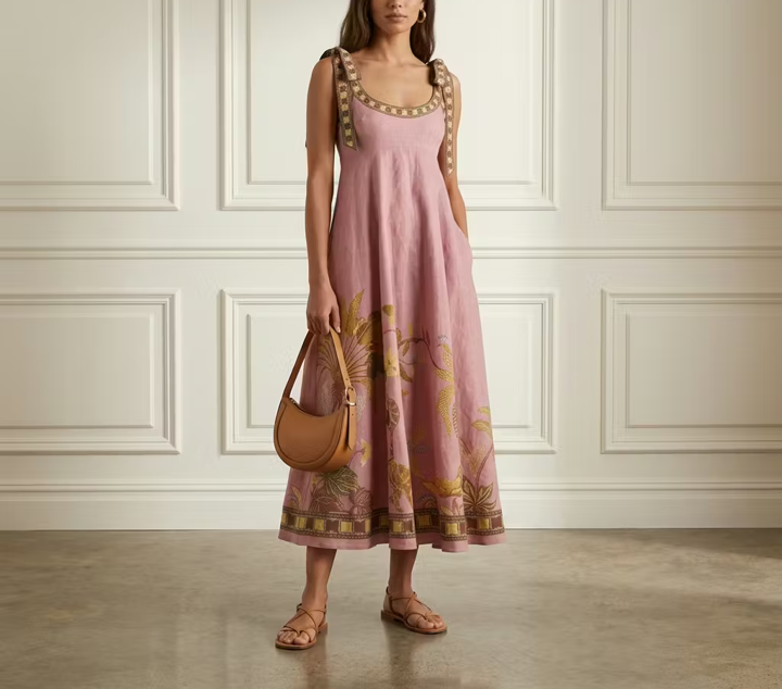 Pink floral linen midi
