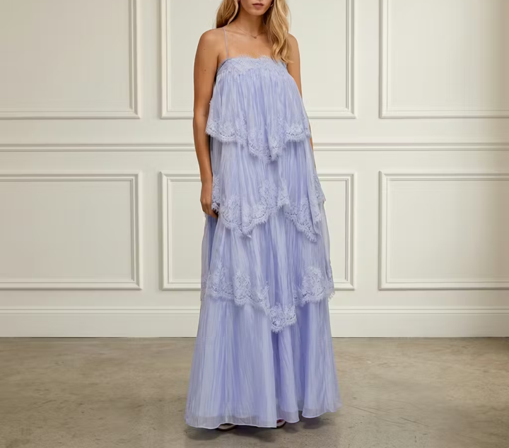 Lace Trim Ruffle Gown