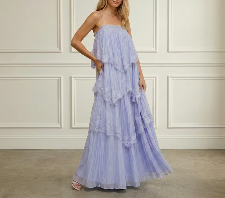 Lace Trim Ruffle Gown