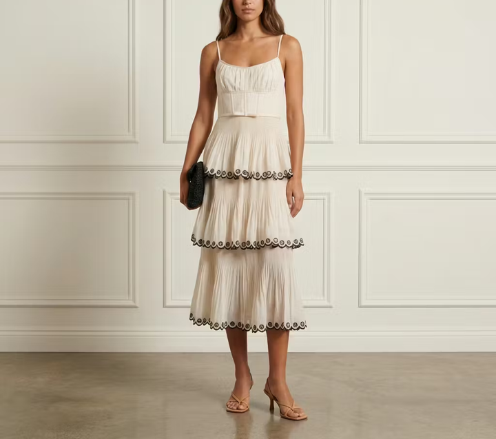 Cream Dot Tiered Midi