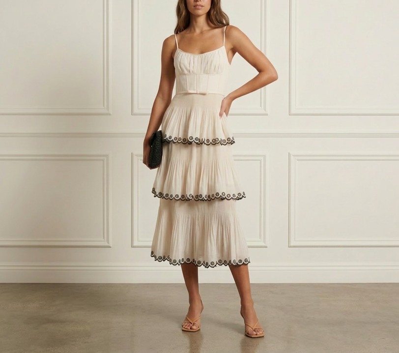 Cream Dot Tiered Midi